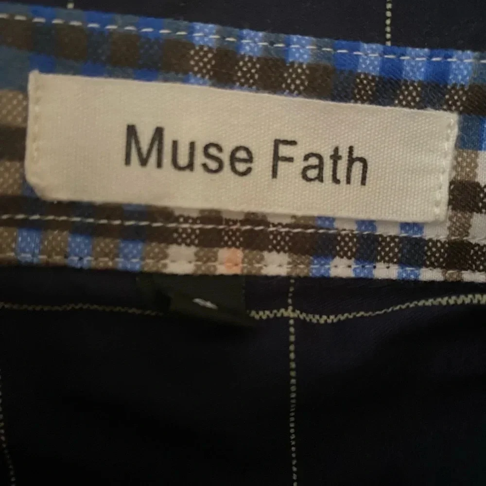 MUSE FATH Men's Small Preppy Navy Plaid Short Sleeve Collared Button Down Shirt